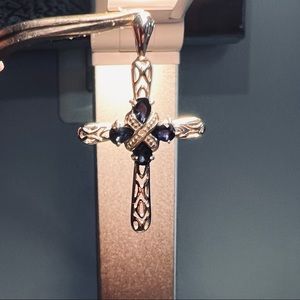 14k White Gold Blue Sapphire and White Diamond Cross Pendant